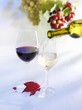 Pouring white wine into glass, glass of red wine, grapes, autumn leaf