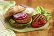 Tofu Burger on Raisin Bun with Grilled Portobello Mushroom and Roasted Red Pepper