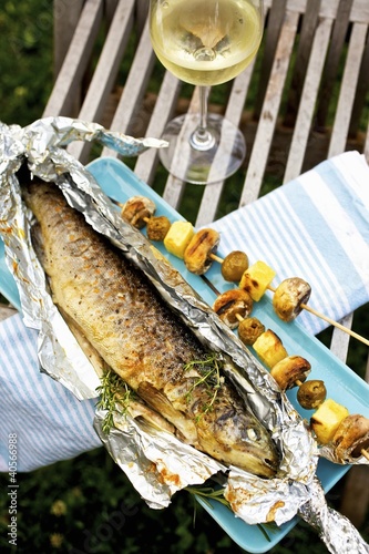 Photo: Barbecued trout with mushroom and potato skewers Barbecued trout with mushroom and potato skewers