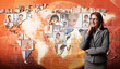 Young woman against world map background