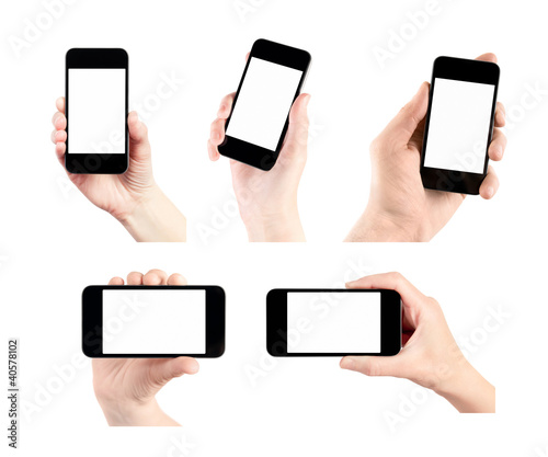 Foto: Set Of Mobile Smart Phone With Blank Screen In Hand Isolated Set Of Mobile Smart Phone With Blank Screen In Hand Isolated