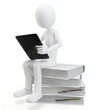 3d man sitting on a pile of books working with a tablet 3d man sitting on a pile of books working with a tablet