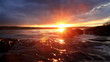 Sunset on the rocky shore of the river.