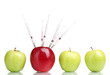 juicy apples and syringes isolated on white