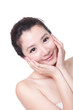 asian woman smile and hand touch her face