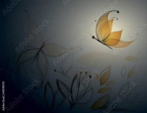 Vector: Honey Butterfly in night sky / Surreal floral sketch Honey Butterfly in night sky / Surreal floral sketch