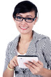 Smiling businesswoman with iPad tablet