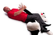 man fights with a toy animal