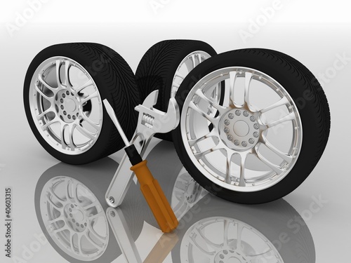 Illustration: Wheels and Tools. Car service. Isolated 3D image Wheels and Tools. Car service. Isolated 3D image