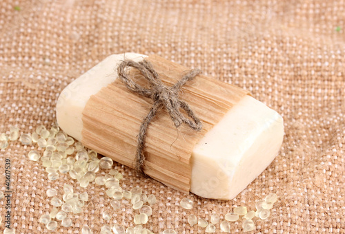 Photo: Hand-made herbal soap on sackcloth Hand-made herbal soap on sackcloth