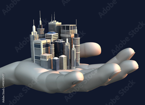 Illustration: Skyscraper City In The Palm Of A Hand Skyscraper City In The Palm Of A Hand