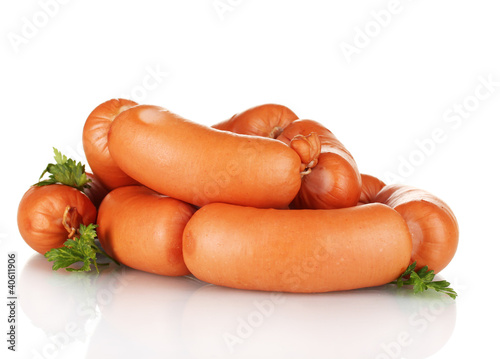 Photo: tasty sausages and parsley isolation on white tasty sausages and parsley isolation on white