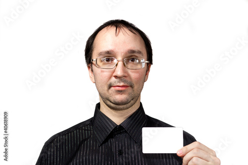 Photo: Solid men in black shirt with businesscard Solid men in black shirt with businesscard