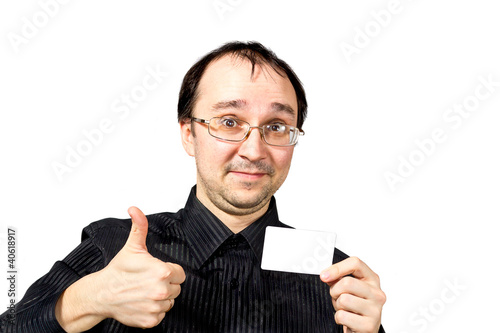 Photo: Solid men in black shirt recommends a businesscard Solid men in black shirt recommends a businesscard