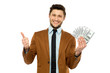 Man with dollar bills showing thumbs up
