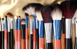 Set of make-up brushes in golden leather case close up
