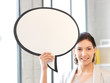 smiling businesswoman with blank text bubble