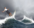 Businesswoman surfing on the sea waves