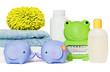 Baby bath accessories isolated: towels, toys, sponge