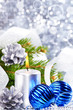Blue christmas balls and silver candle Blue christmas balls and silver candle