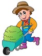 Cartoon farmer with small hay cart