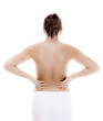 Woman massaging pain back isolated on white background