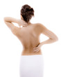 Woman massaging pain back isolated on white background