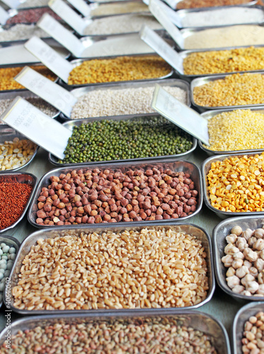 Photo: Pulses, grains and cereals in an indian market Pulses, grains and cereals in an indian market