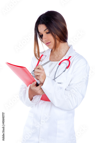 Photo: brunette indian doctor woman with red folder brunette indian doctor woman with red folder