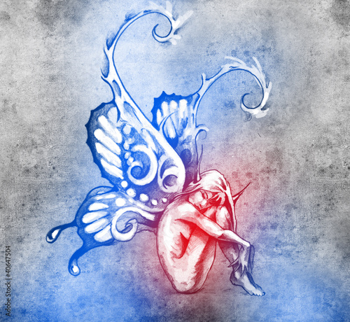 Illustration: Sketch of tattoo art, fairy with butterfly wings Sketch of tattoo art, fairy with butterfly wings