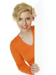 Young woman with white message board on white background Young woman with white message board on white background