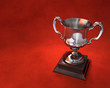 Trophy cup on plinth with red background Trophy cup on plinth with red background