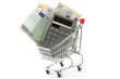 einkaufswagen mit euro und taschenrechner