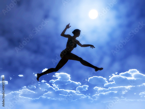 Illustration: Young woman is jumping above the clouds Young woman is jumping above the clouds