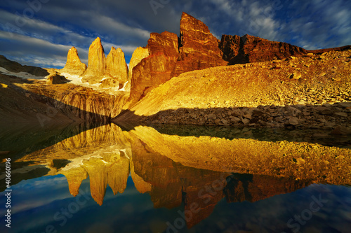 Photo: Towers with reflection at sunrise, Torres del Paine National Par Towers with reflection at sunrise, Torres del Paine National Par