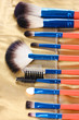 Set of make-up brushes in golden leather case close up