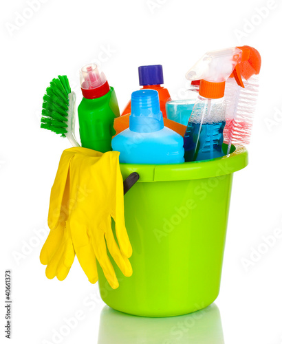 Photo: Cleaning items in bucket isolated on white Cleaning items in bucket isolated on white