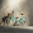 Old vintage romantic  green bicycle, stylish basket grungy wall