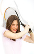Female tennis player with racket ready to hit a tennis ball. Female tennis player with racket ready to hit a tennis ball.