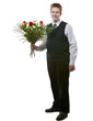The pupil in a school uniform with a bouquet of flowers.. The pupil in a school uniform with a bouquet of flowers..