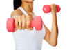 Mixed race woman holding dumbbells