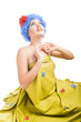 사진:positive girl with blue hair looks up positive girl with blue hair looks up