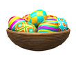 Colorful painted easter eggs in wood plate Colorful painted easter eggs in wood plate