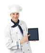 Photo: Chef presenting. Isolated on white background Chef presenting. Isolated on white background