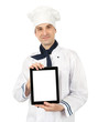 Photo: young cook man showing a digital tablet young cook man showing a digital tablet