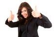 standing young businesswoman with thumbs up