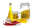 Pasta, olive oil, Garlic and peppers on white background Pasta, olive oil, Garlic and peppers on white background