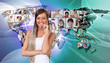 Young woman against world map background