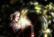 Child opening a magic gift box Child opening a magic gift box