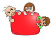 three children with red blank space